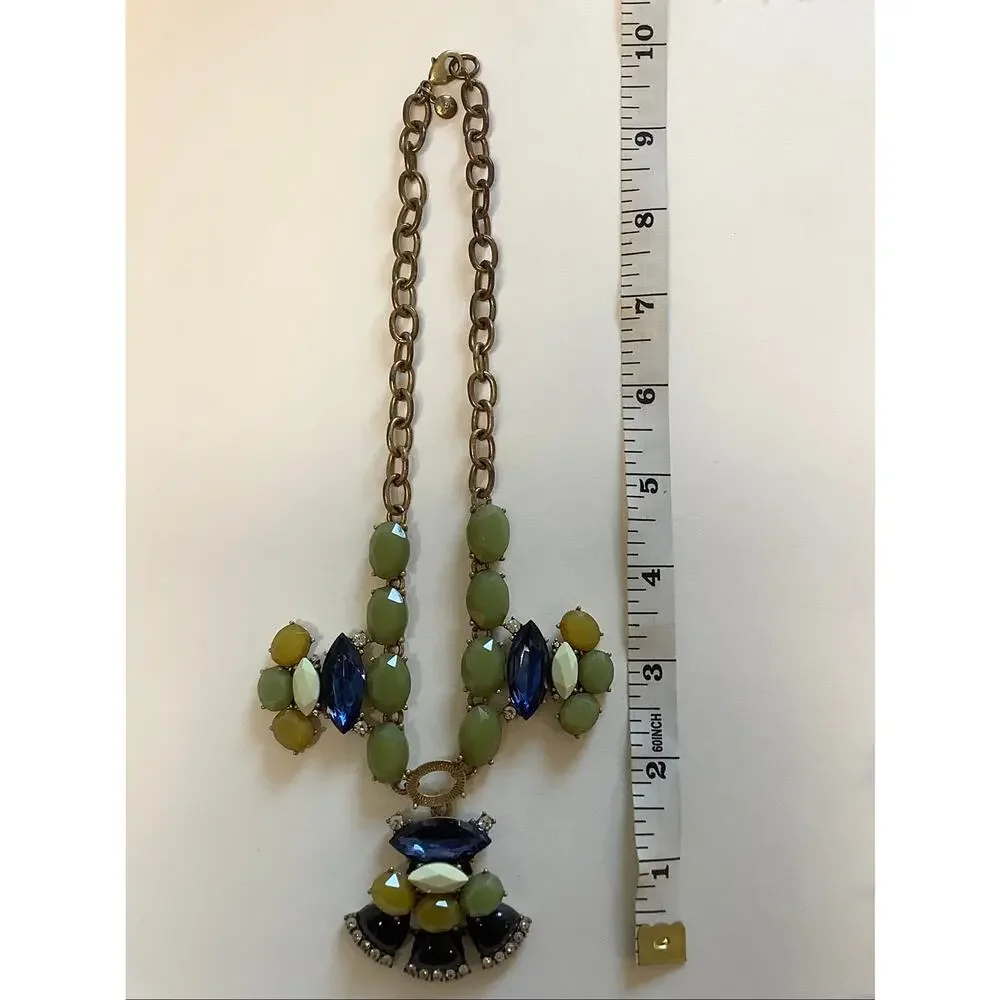 J Crew Gold Tone Green Jade Blue Crystal Statement Bib Necklace Boho Y2K F10-11